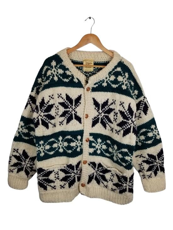 Woolies Other - Woolies Unisex Hand Knit In Equador Cardigan Sweater Cream Green Navy Blue Large